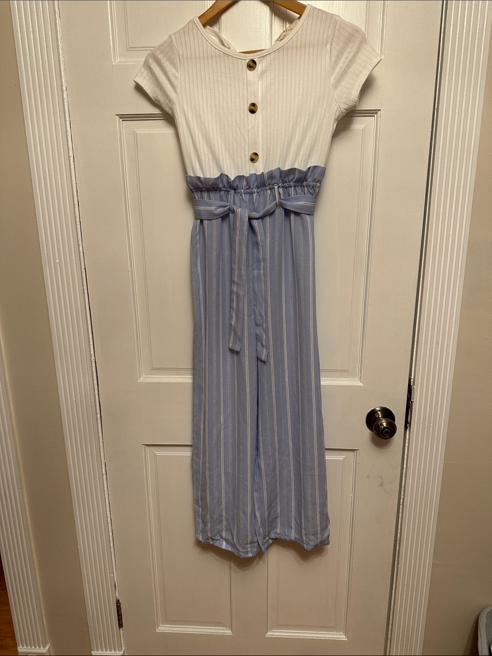 btween White Top with Light Blue Striped Waist-Tie Jumpsuit. Material feels soft